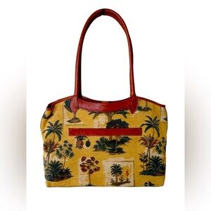 Tommy Bahama Isle of Palm Tapestry Tote Bag with Leather Straps